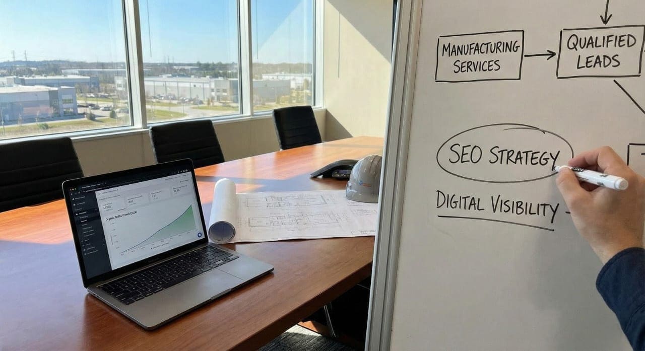 A person in a modern conference room writing 'SEO STRATEGY'